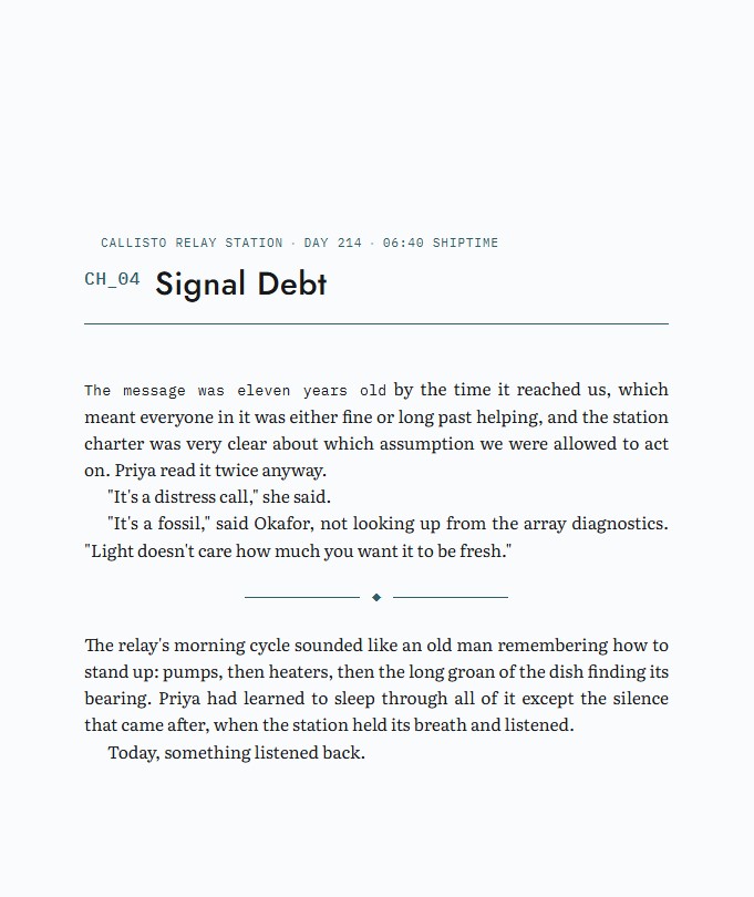 Signal Debt science fiction chapter template